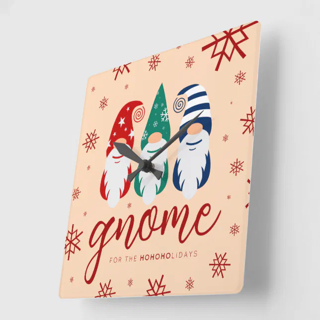 Hygge Christmas Gnome for the Holidays Snowflakes Square Wall Clock