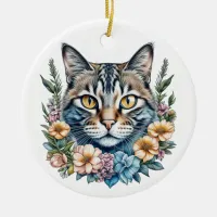 Cute Watercolor Cat with Flowers Christmas Ceramic Ornament