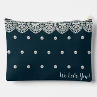 Elegant Lace and Pearls Navy Blue Accessory Pouch