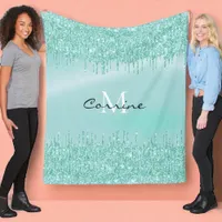 Monogram Aqua Blue Dripping Glitter Metallic Name Fleece Blanket