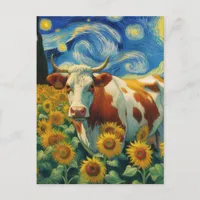 Brown White Cow in a Faux Van Gogh Sunflower Field Postcard