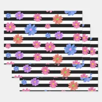 Trendy Floral Black & White Stripes Pattern Wrapping Paper Sheets