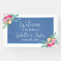 Blue Floral Pink Rosebud Wedding Personalized Banner