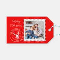 Modern Christmas Postage Stamp Family Photo Red Gift Tags