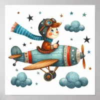 Child Flying Propeller Plane Whimsical Nursery Art Poster