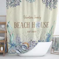 Coastal Beach House Sea Life Family Name Shower Curtain