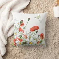 Poppies, Wildflowers, and Butterflies Floral Throw Pillow