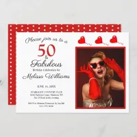 50 and Fabulous Photo Red 50th Birthday White Red Invitation