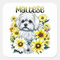 Maltese Small :White Dog Bree in Yellow Flowers Square Sticker
