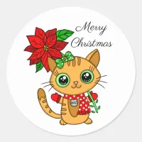 Merry Christmas | Orange Cat with Poinsettia Classic Round Sticker