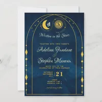 Celestial Blue Gold Moon Sun Monogram RSVP QR Code Invitation