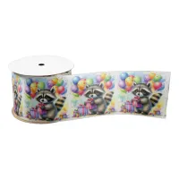 Cute Watercolor Cartoon Raccoon Birthday Satin Ribbon