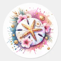 Pink, Blue and Gold Coastal Sand Dollar Beachy Classic Round Sticker