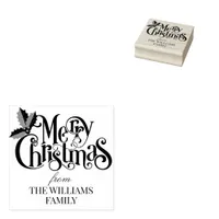 Holly Berry Branches Modern Merry Christmas Rubber Stamp