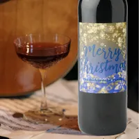 Elegant Blue Gold Snowflakes Merry Christmas Wine Label