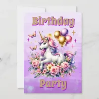 Pretty Pink, Purple and Gold Unicorn Birthday  Invitation