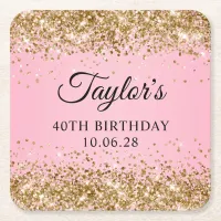 Gold Glitter Pink 40th Birthday Square Paper Coaster