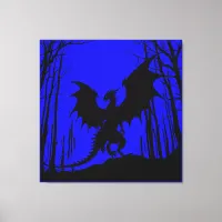 Black Silhouette Dragon on Blue - Fantasy | Canvas Print