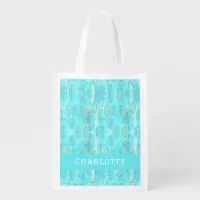 Pretty Leaf Design Soft Blue and Green with Name  Grocery Bag