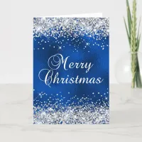 Silver Glitter Blue Glass Foil Merry Christmas Card