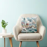 Modern Coastal Beach Lighthouse Throw Pillow