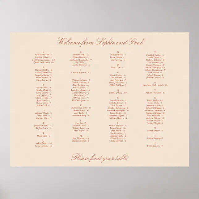 Terracotta Script Alphabetical Seating Poster