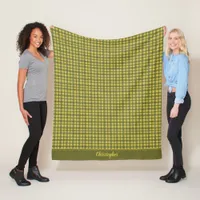 Minimal Green Gingham Plaid Add Name Christmas Fleece Blanket