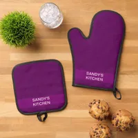 Mosaic Solid Royal Purple Textured Pattern Oven Mitt & Pot Holder Set