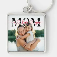 I Love You Mom Red Hearts Typography Photo Keychain