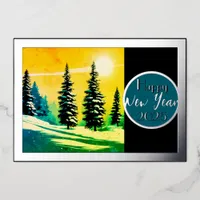 Pine trees in the snow - happy new year 2025 foil invitation