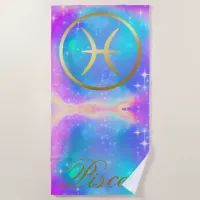 Zodiac Sign Pisces Gold on Colorful Background | Beach Towel