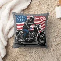 Rider cruising with pride under the American flag Throw Pillow