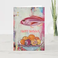 Pink Fish and Fruit Bowl Digital Collage, Birthday Card