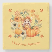 Cute Pumpkin Fairy in Autumn Wreath Stone Coaster