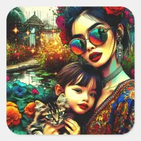 Colorful Art Mom and Daughter Asian Flower Garden Square Sticker