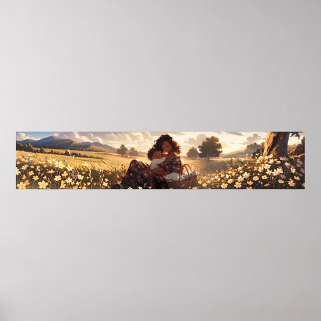 Anime mother in a morning meadow - Ultra wide Poster