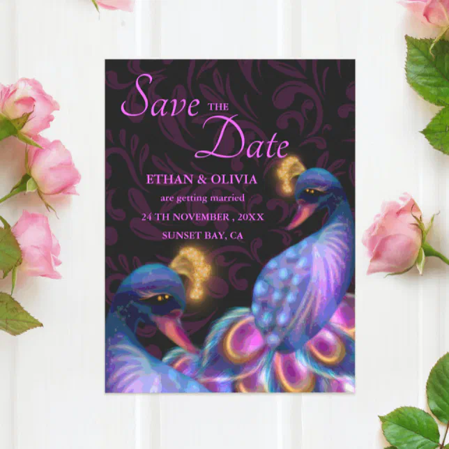 Peacock Jewel Tones Wedding Floral Moody purple Save The Date