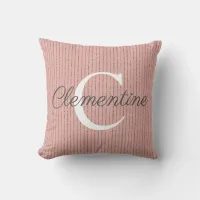 Girly Pink Rose Gold Glitter Stripes Monogram Throw Pillow