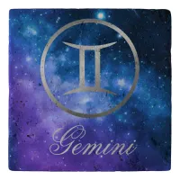 Grey Zodiac Gemini & sign on blue galaxy | Trivet