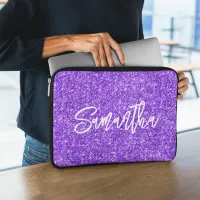 Violet Glitter Brush Script Name Laptop Sleeve