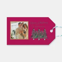 Red green Pagoda Merry Christmas Tree 1-Photo Gift Tags