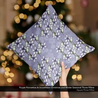 Purple Poinsettias & Snowflakes Christmas Winter Throw Pillow