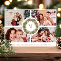 Watercolor Wreath 4 Photo Collage Monogram Striped Holiday Card