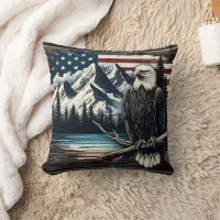 Bald Eagle Perched by Mountain Lake With Flag Throw Pillow