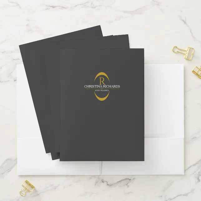 Gold Monogram Black Modern Elegant Business Pocket Folder