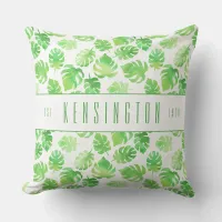 Tropical Green Watercolor Leaves with Family Name Outdoor Pillow