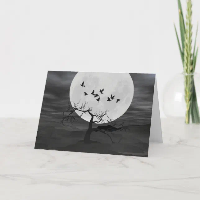 Spooky Ravens Flying Against the Full Moon Card