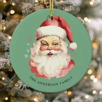 Green Vintage Watercolor Santa Claus Christmas Ceramic Ornament