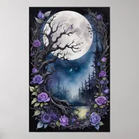 Gothic Moon and Purple Roses Poster