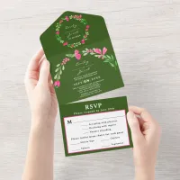 Pink Floral Greenery Forest Green Wedding RSVP All In One Invitation